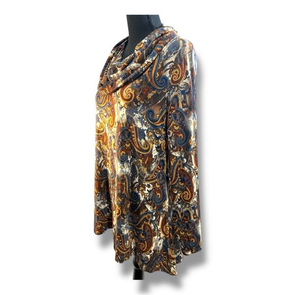 INTRO Brown Blue Gold Rust Paisley Cowl Neck Tunic  Hi Lo Long Sleeve Top NWT M - Picture 7 of 14